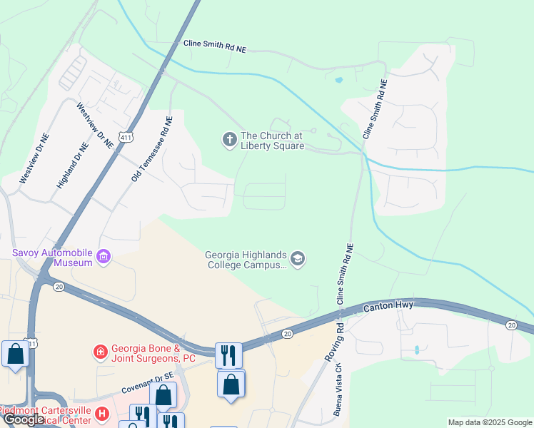 map of restaurants, bars, coffee shops, grocery stores, and more near 226 Eva Way in Cartersville