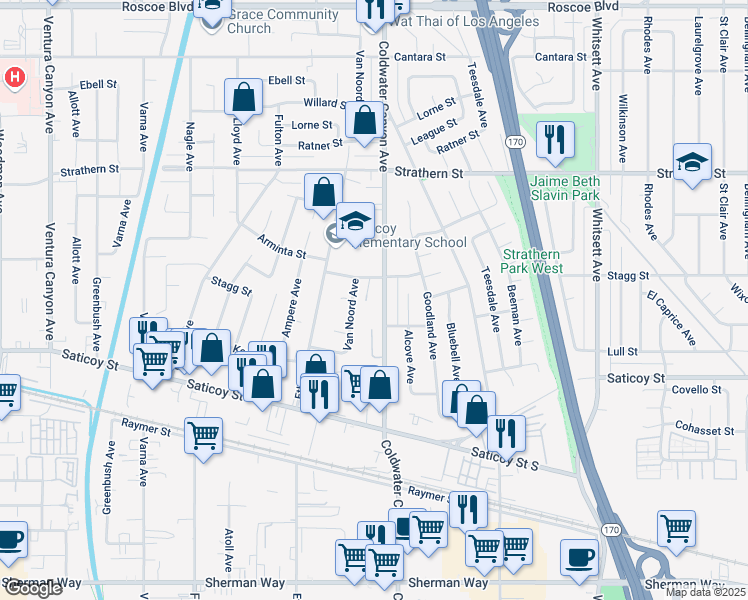 map of restaurants, bars, coffee shops, grocery stores, and more near 7735 Coldwater Canyon Avenue in Los Angeles