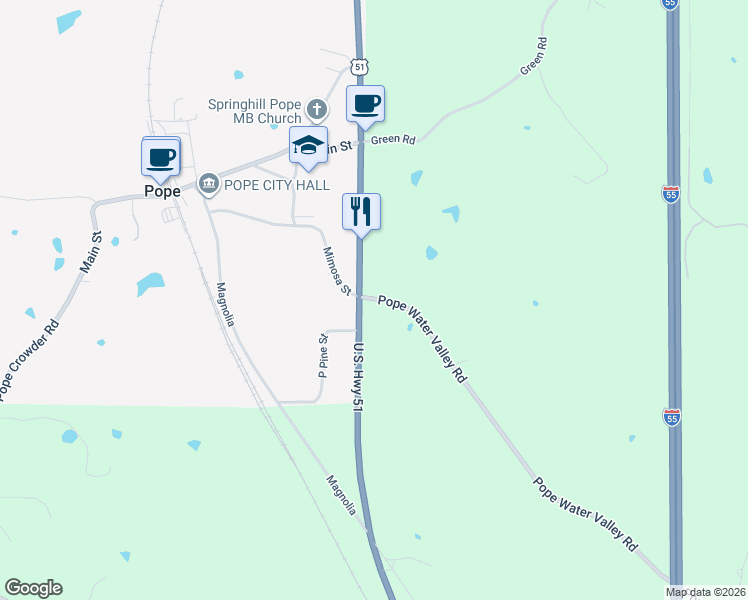 map of restaurants, bars, coffee shops, grocery stores, and more near 105 Pope Water Valley Road in Pope