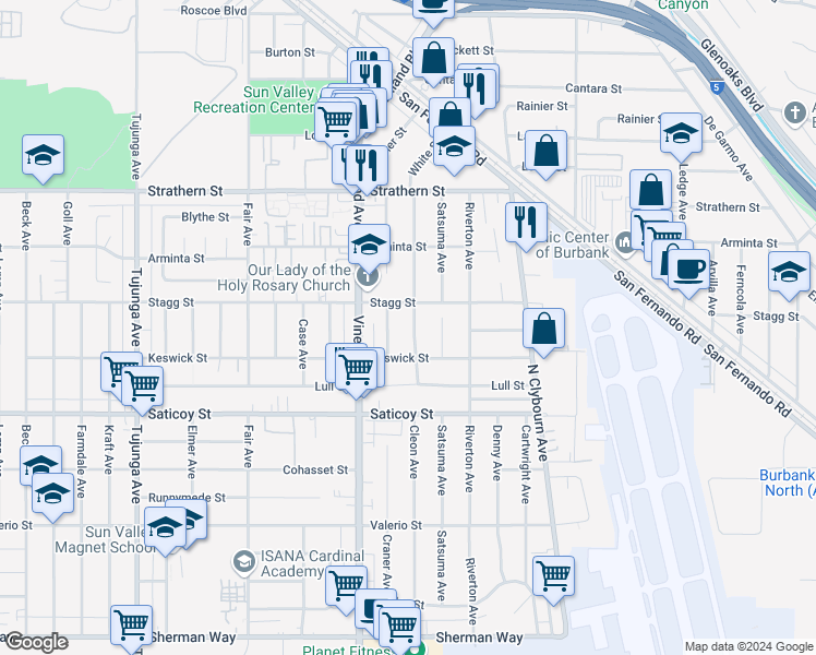 map of restaurants, bars, coffee shops, grocery stores, and more near 7733 Cleon Avenue in Los Angeles