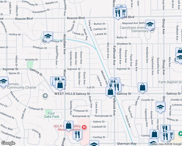 map of restaurants, bars, coffee shops, grocery stores, and more near 22957 Stagg Street in Los Angeles