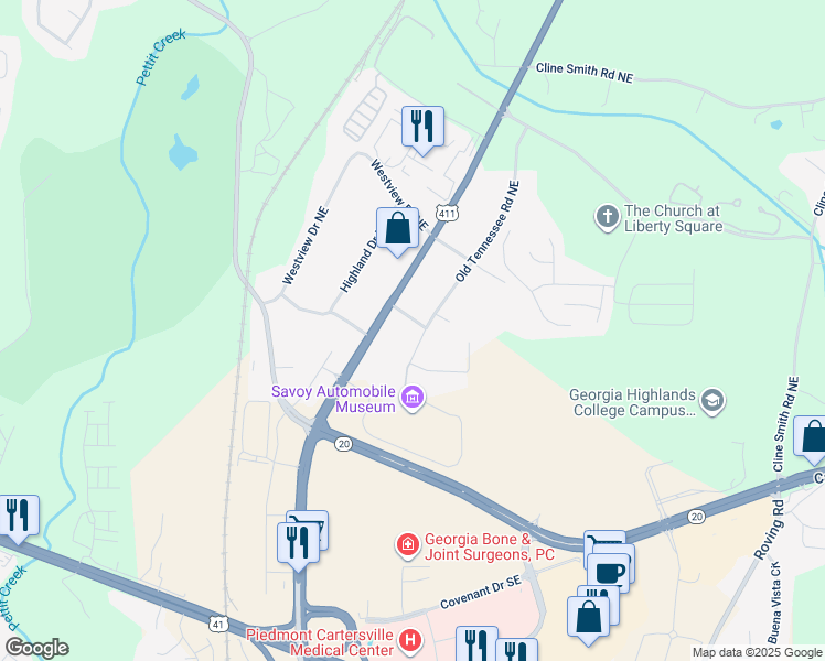 map of restaurants, bars, coffee shops, grocery stores, and more near 15 Center Street Northeast in Cartersville