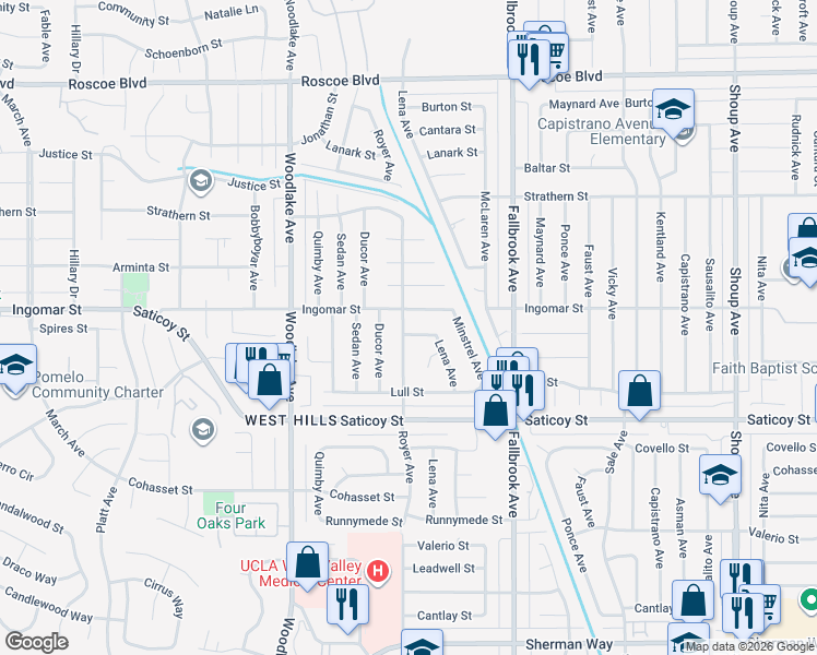 map of restaurants, bars, coffee shops, grocery stores, and more near 22957 Stagg Street in Los Angeles