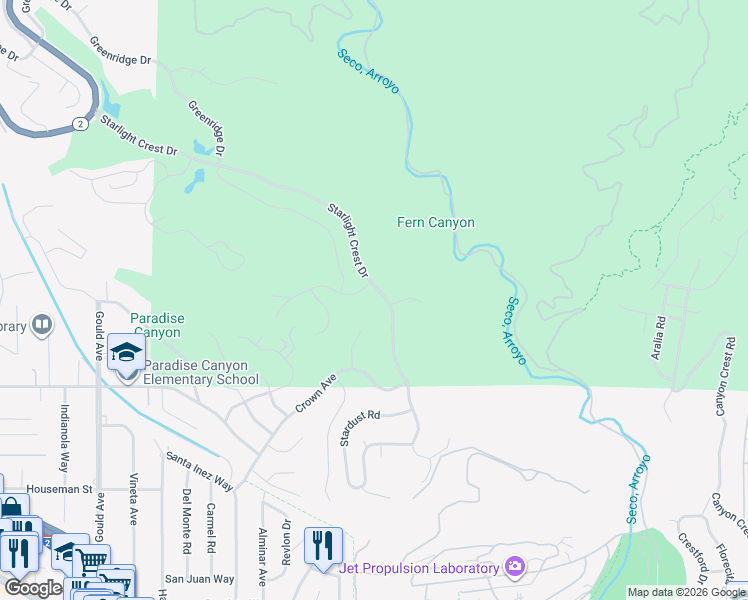 map of restaurants, bars, coffee shops, grocery stores, and more near 430 Starlight Crest Drive in La Cañada Flintridge