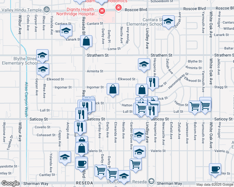 map of restaurants, bars, coffee shops, grocery stores, and more near 7734 Etiwanda Avenue in Los Angeles