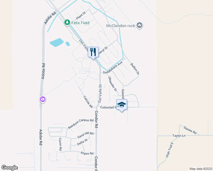 map of restaurants, bars, coffee shops, grocery stores, and more near 6549 Oleander Drive in Twentynine Palms