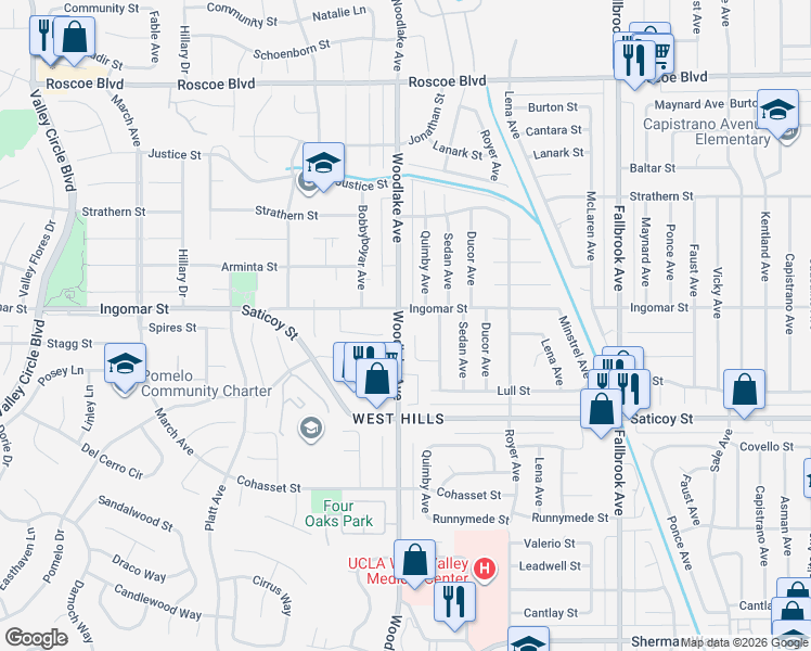 map of restaurants, bars, coffee shops, grocery stores, and more near 7731 Justin Court in Los Angeles