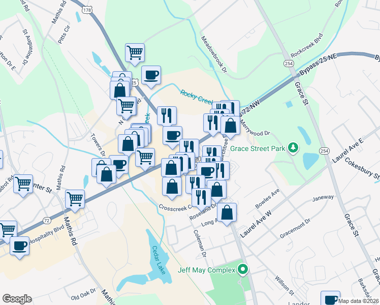 map of restaurants, bars, coffee shops, grocery stores, and more near 252-262 South Carolina 72 in Greenwood