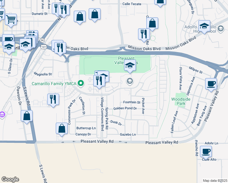 map of restaurants, bars, coffee shops, grocery stores, and more near Village At The Park Drive & Rockhampton Drive in Camarillo