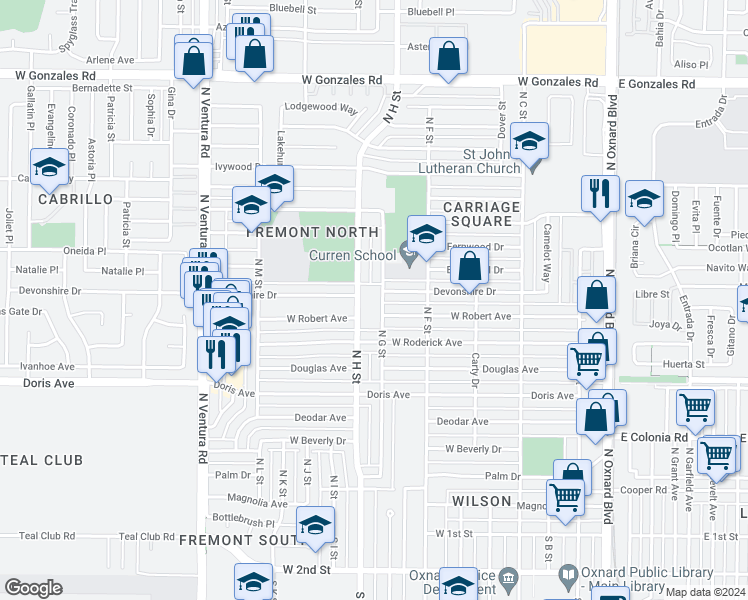 map of restaurants, bars, coffee shops, grocery stores, and more near 931 North G Street in Oxnard