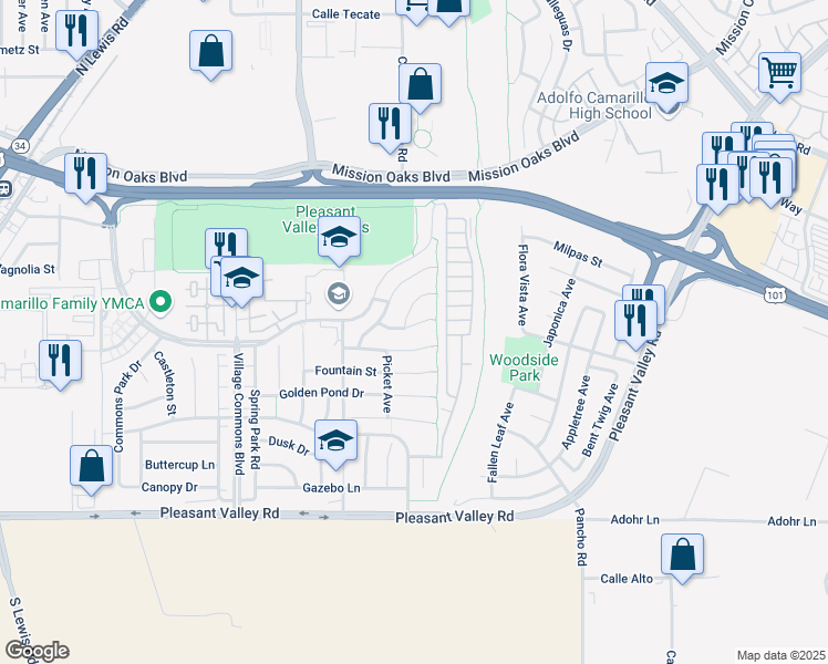 map of restaurants, bars, coffee shops, grocery stores, and more near 3868 Tiverton Drive in Camarillo