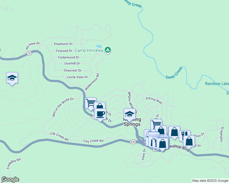 map of restaurants, bars, coffee shops, grocery stores, and more near 31721 Wagon Wheel Drive in Running Springs