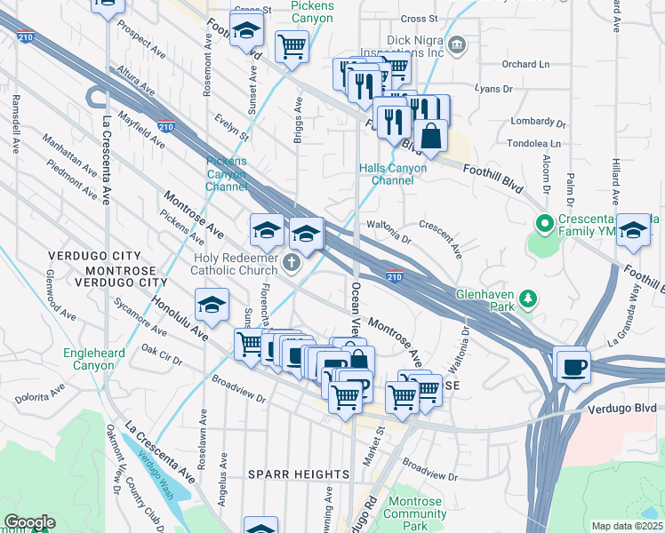 map of restaurants, bars, coffee shops, grocery stores, and more near 82379 Ocean View Boulevard in La Crescenta-Montrose