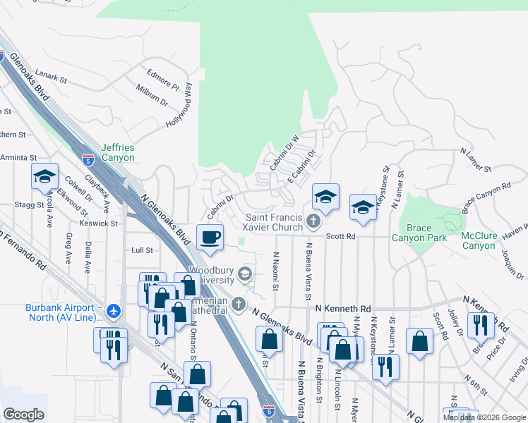 map of restaurants, bars, coffee shops, grocery stores, and more near 9558 Vía Milano in Burbank