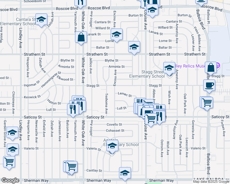 map of restaurants, bars, coffee shops, grocery stores, and more near 17440 Stagg Street in Los Angeles