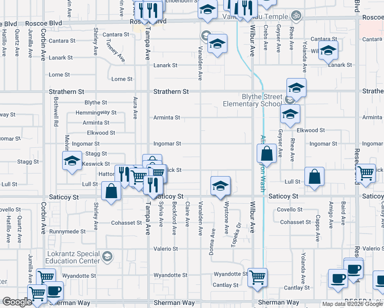 map of restaurants, bars, coffee shops, grocery stores, and more near 19108 Ingomar Street in Los Angeles