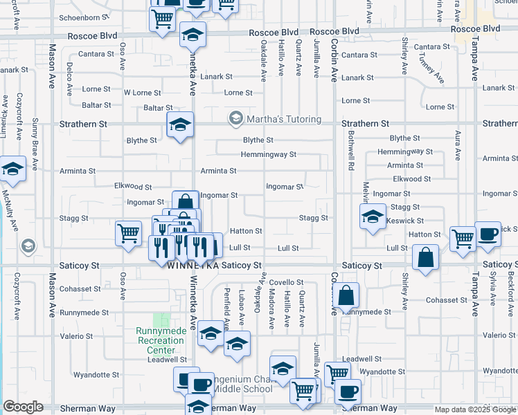map of restaurants, bars, coffee shops, grocery stores, and more near 19919 Ingomar Street in Los Angeles