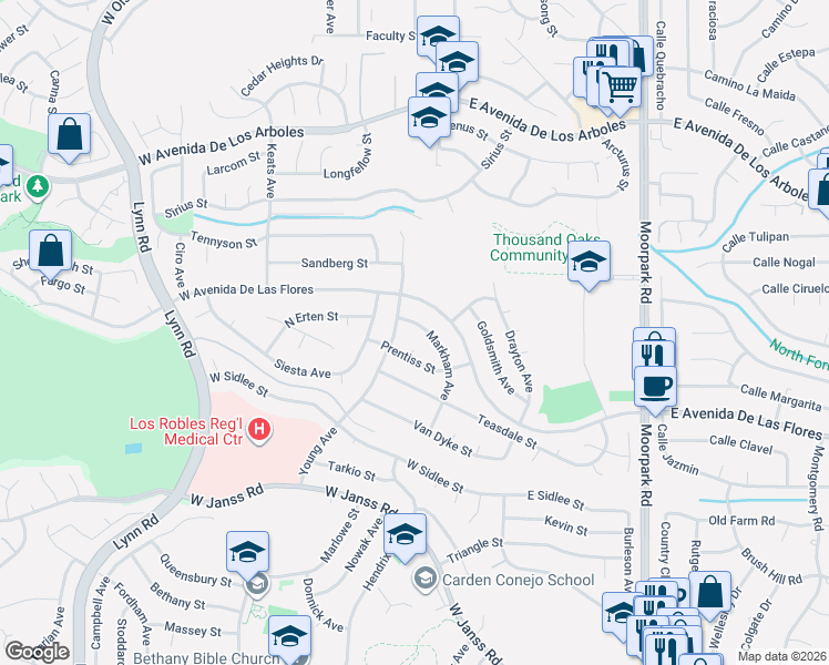map of restaurants, bars, coffee shops, grocery stores, and more near 60 West Avenida De Las Flores in Thousand Oaks