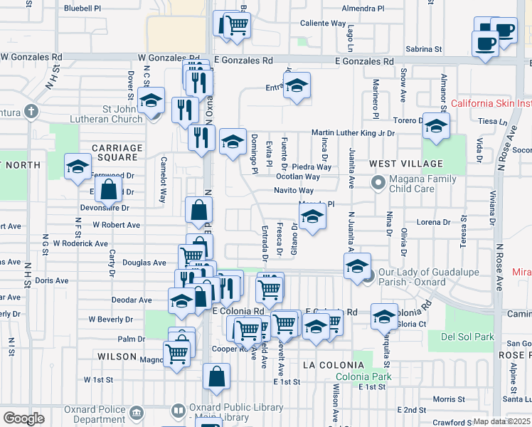 map of restaurants, bars, coffee shops, grocery stores, and more near 437 Morado Place in Oxnard
