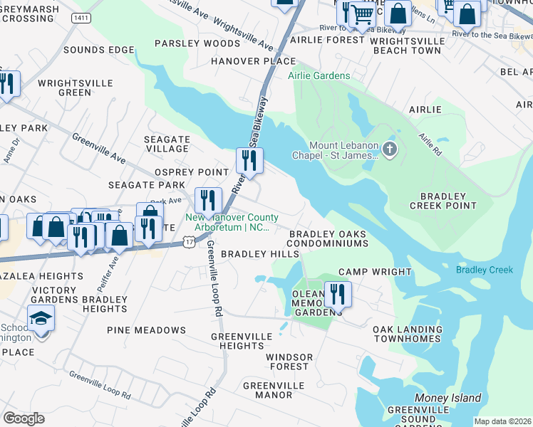 map of restaurants, bars, coffee shops, grocery stores, and more near 6315 Boathouse Road in Wilmington