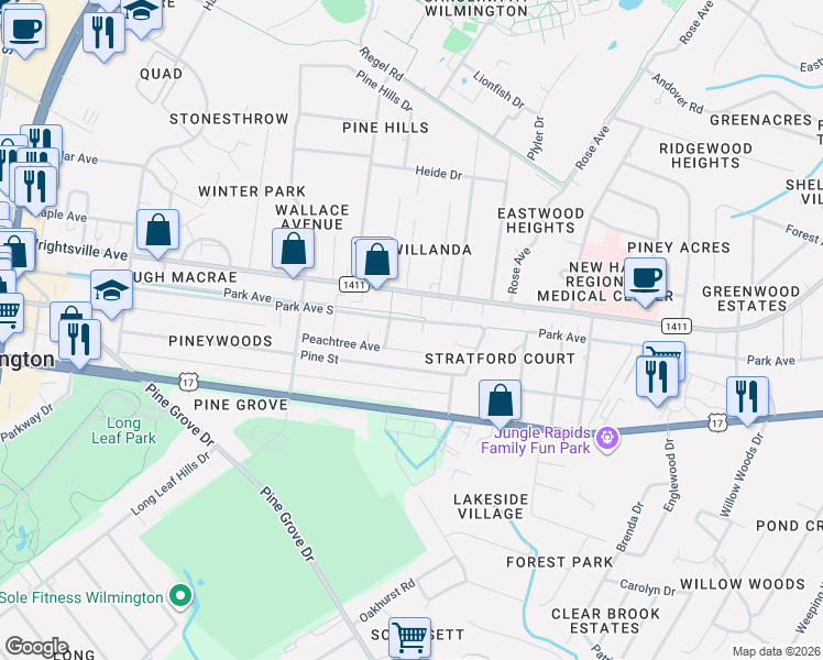 map of restaurants, bars, coffee shops, grocery stores, and more near 5040A Wrightsville Avenue in Wilmington