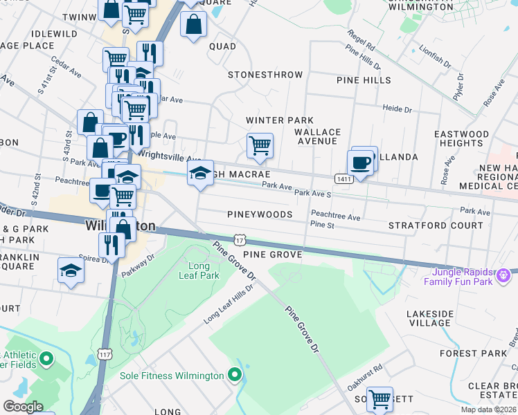 map of restaurants, bars, coffee shops, grocery stores, and more near 4920 Park Avenue in Wilmington
