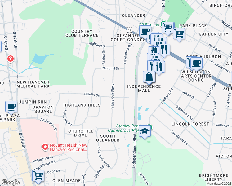 map of restaurants, bars, coffee shops, grocery stores, and more near 1823 S Live Oak Pkwy in Wilmington