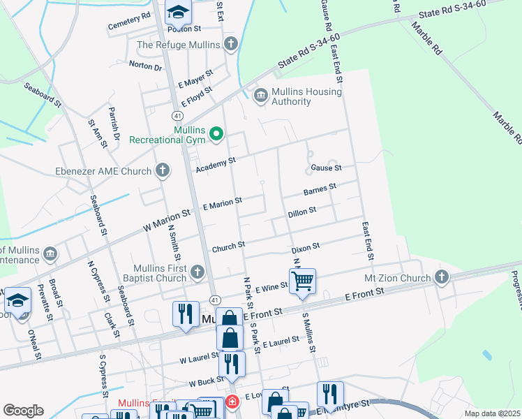 map of restaurants, bars, coffee shops, grocery stores, and more near 219 East Marion Street in Mullins
