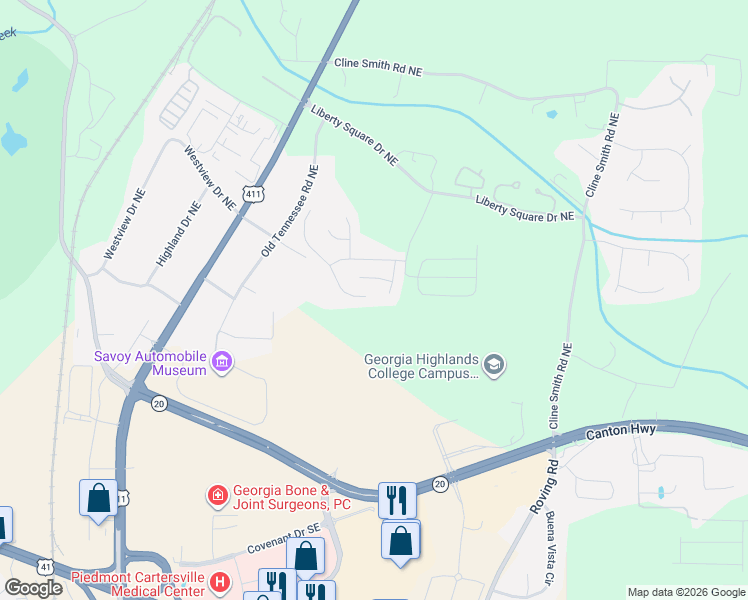 map of restaurants, bars, coffee shops, grocery stores, and more near 17 Independence Way Northeast in Cartersville