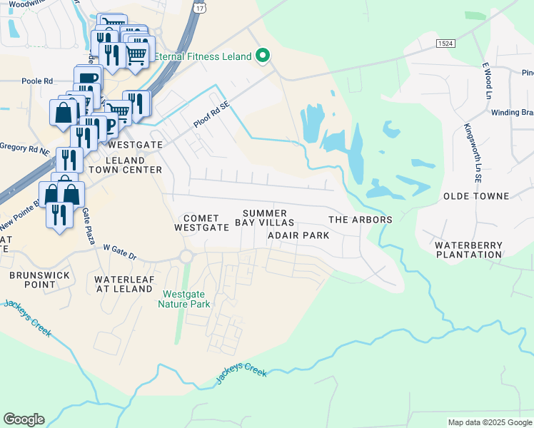 map of restaurants, bars, coffee shops, grocery stores, and more near 9450 Night Harbor Drive in Leland