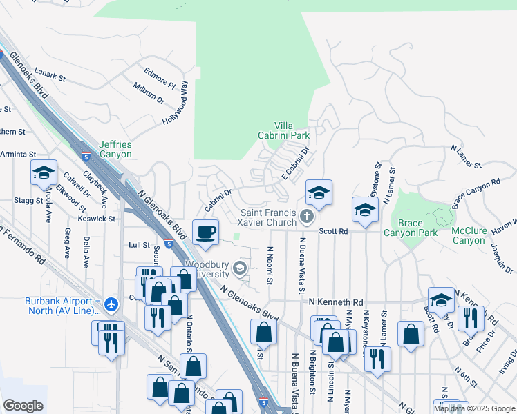 map of restaurants, bars, coffee shops, grocery stores, and more near 7727 Vía Capri in Burbank