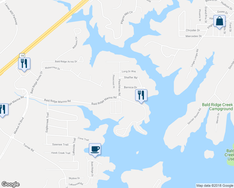map of restaurants, bars, coffee shops, grocery stores, and more near 1675 Bald Ridge Marina Road in Cumming