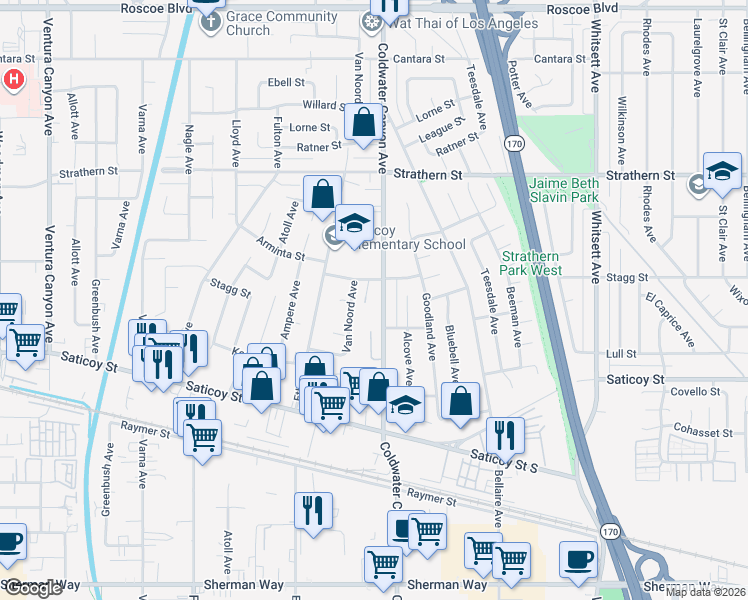 map of restaurants, bars, coffee shops, grocery stores, and more near 7735 Coldwater Canyon Avenue in Los Angeles