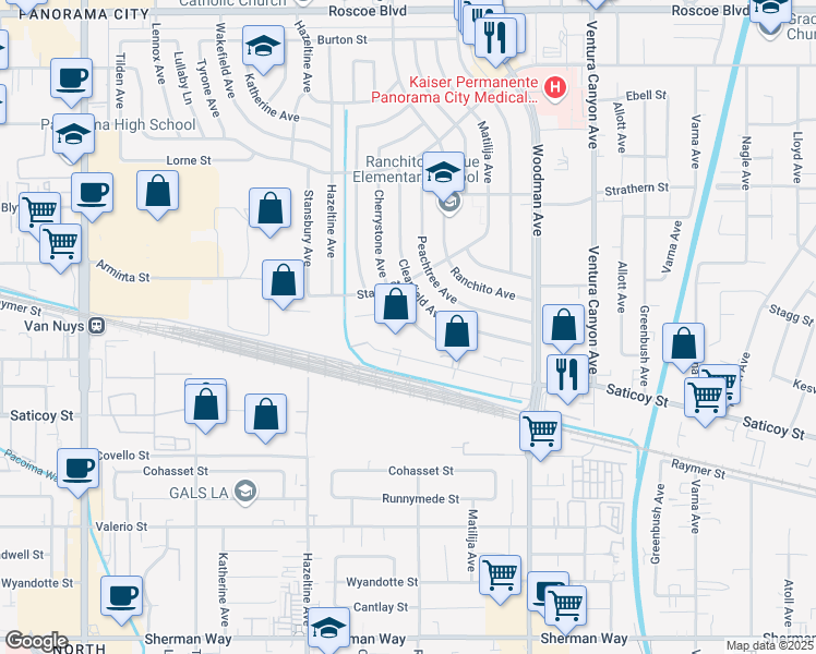 map of restaurants, bars, coffee shops, grocery stores, and more near 7773 Cherrystone Avenue in Los Angeles