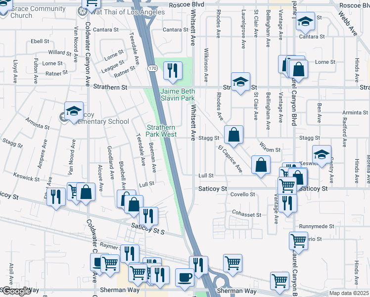 map of restaurants, bars, coffee shops, grocery stores, and more near 12521 Wixom Street in Los Angeles