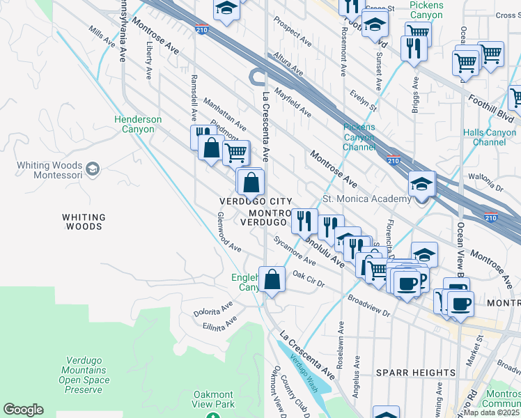 map of restaurants, bars, coffee shops, grocery stores, and more near in Glendale