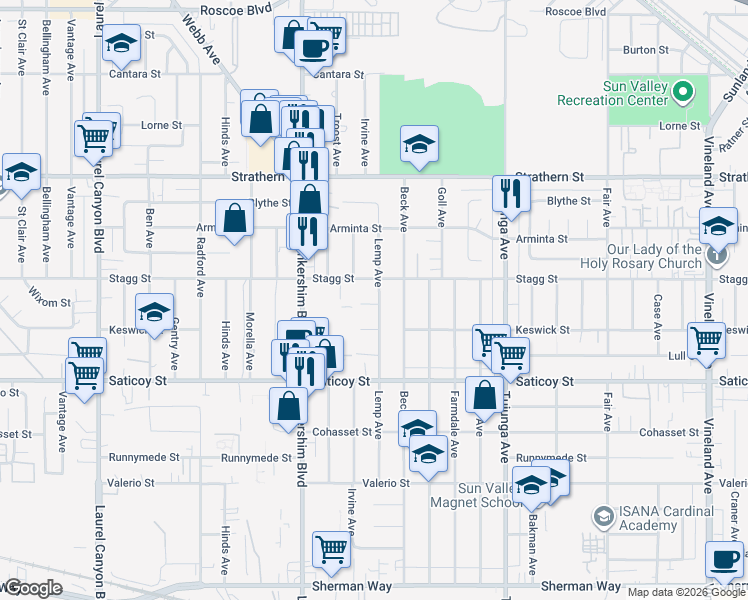 map of restaurants, bars, coffee shops, grocery stores, and more near 7735 Lemp Avenue in Los Angeles