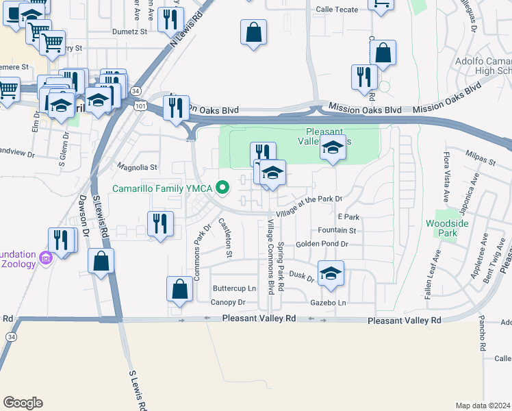 map of restaurants, bars, coffee shops, grocery stores, and more near 290 Riverdale Court in Camarillo