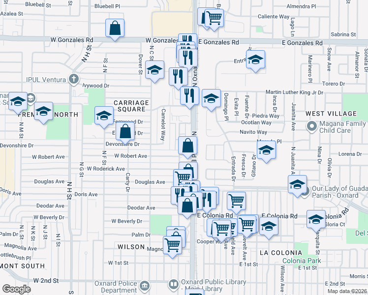 map of restaurants, bars, coffee shops, grocery stores, and more near 1053 Ambrosia Street in Oxnard