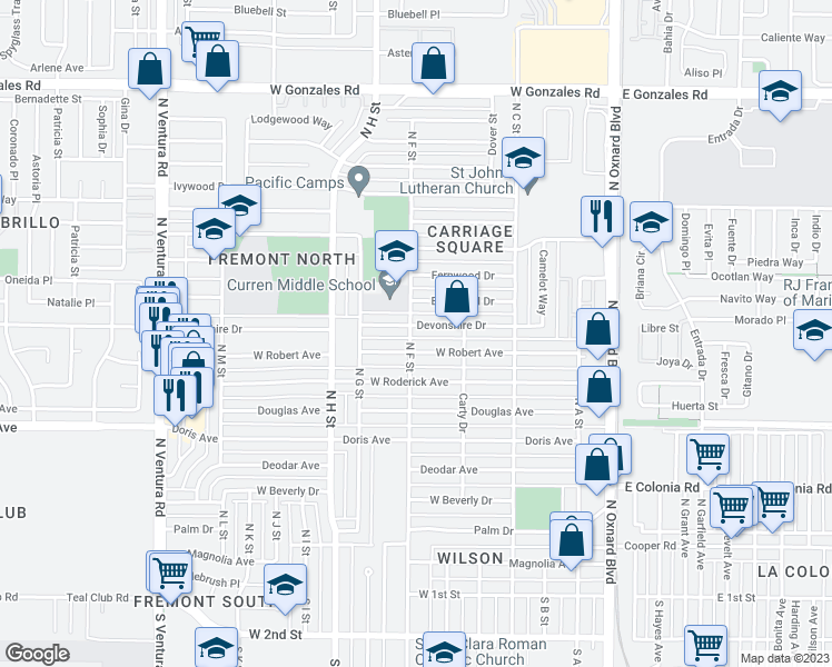 map of restaurants, bars, coffee shops, grocery stores, and more near 682 Devonshire Drive in Oxnard