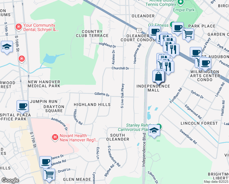 map of restaurants, bars, coffee shops, grocery stores, and more near 1840 South Live Oak Parkway in Wilmington