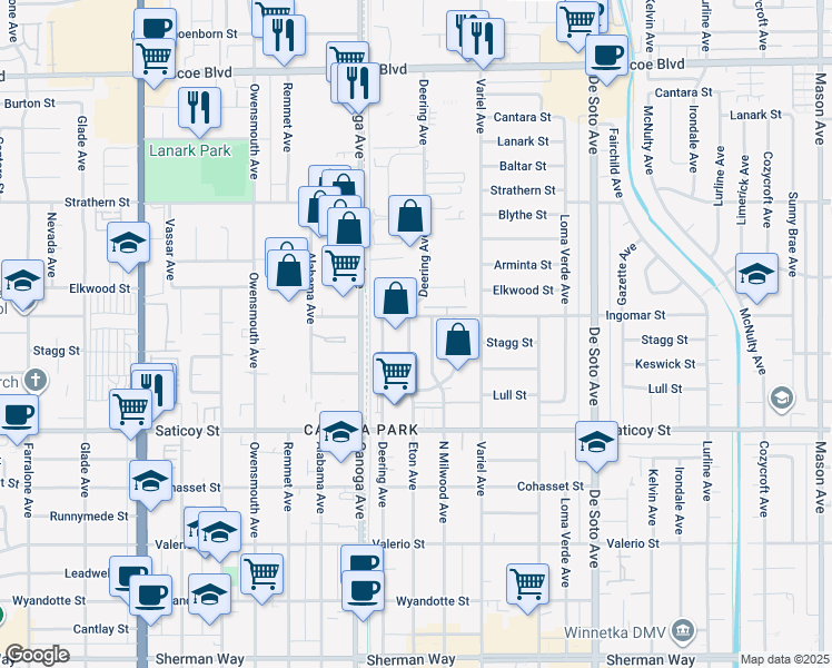 map of restaurants, bars, coffee shops, grocery stores, and more near 7750 Eton Avenue in Los Angeles