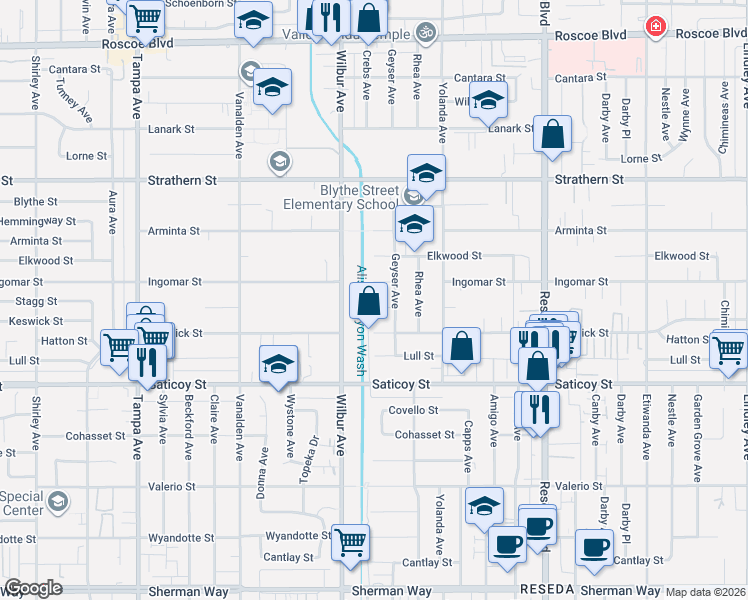 map of restaurants, bars, coffee shops, grocery stores, and more near 18825 Stagg Street in Los Angeles