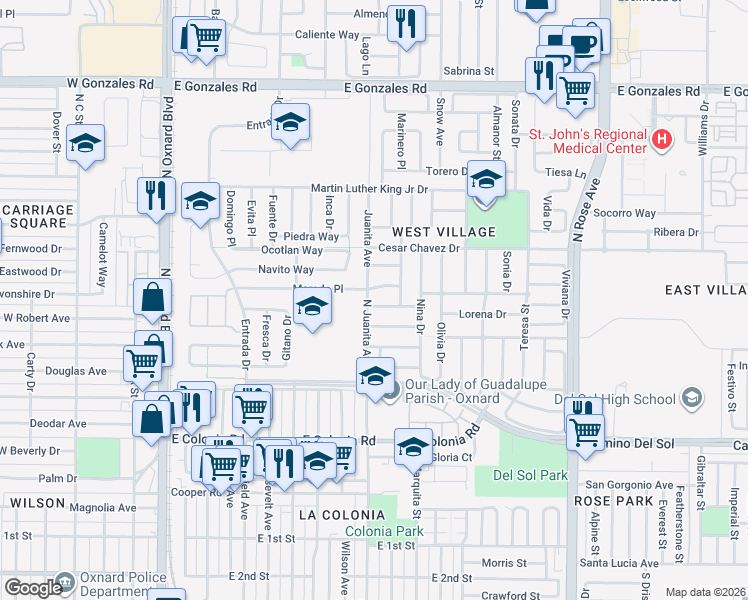 map of restaurants, bars, coffee shops, grocery stores, and more near 1179 Morado Place in Oxnard