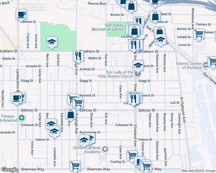 map of restaurants, bars, coffee shops, grocery stores, and more near 7757 Bonner Avenue in Los Angeles