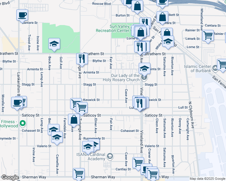 map of restaurants, bars, coffee shops, grocery stores, and more near 7736 Fair Avenue in Los Angeles