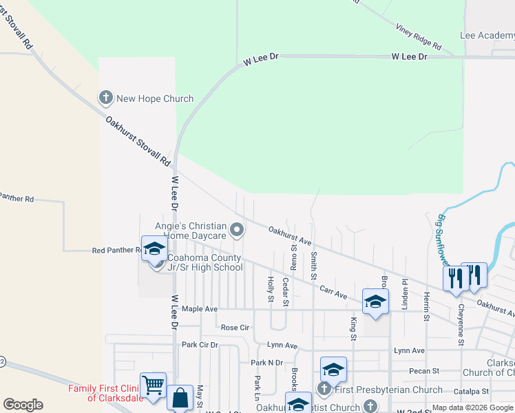 map of restaurants, bars, coffee shops, grocery stores, and more near 1718 Urban Drive in Clarksdale