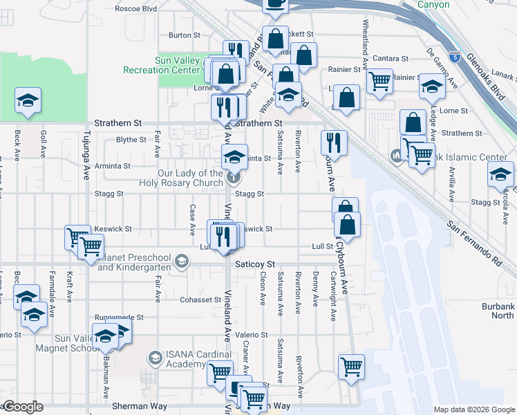 map of restaurants, bars, coffee shops, grocery stores, and more near 7737 Cleon Avenue in Los Angeles