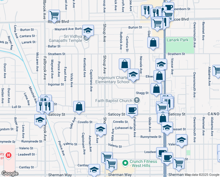 map of restaurants, bars, coffee shops, grocery stores, and more near 7801 Nita Avenue in Los Angeles