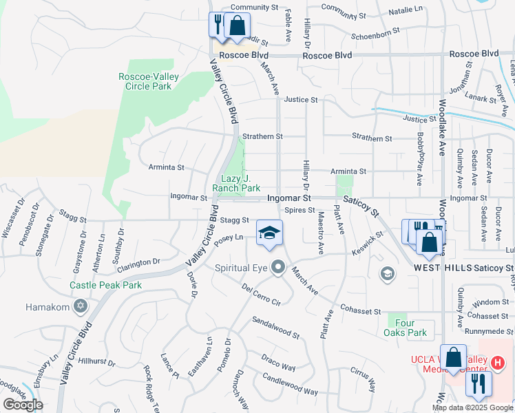 map of restaurants, bars, coffee shops, grocery stores, and more near 23686 Ingomar Street in Los Angeles
